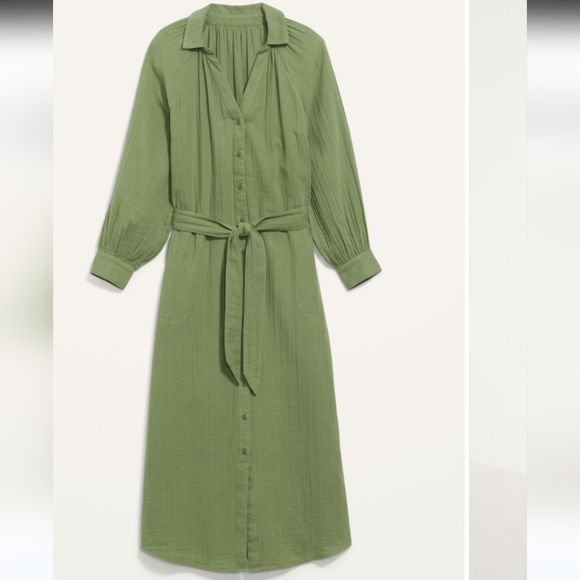 Old Navy Dresses & Skirts - New Old Navy Sage Green Belted Midi Shirt Dress Size XXL Long Sleeve Cotton